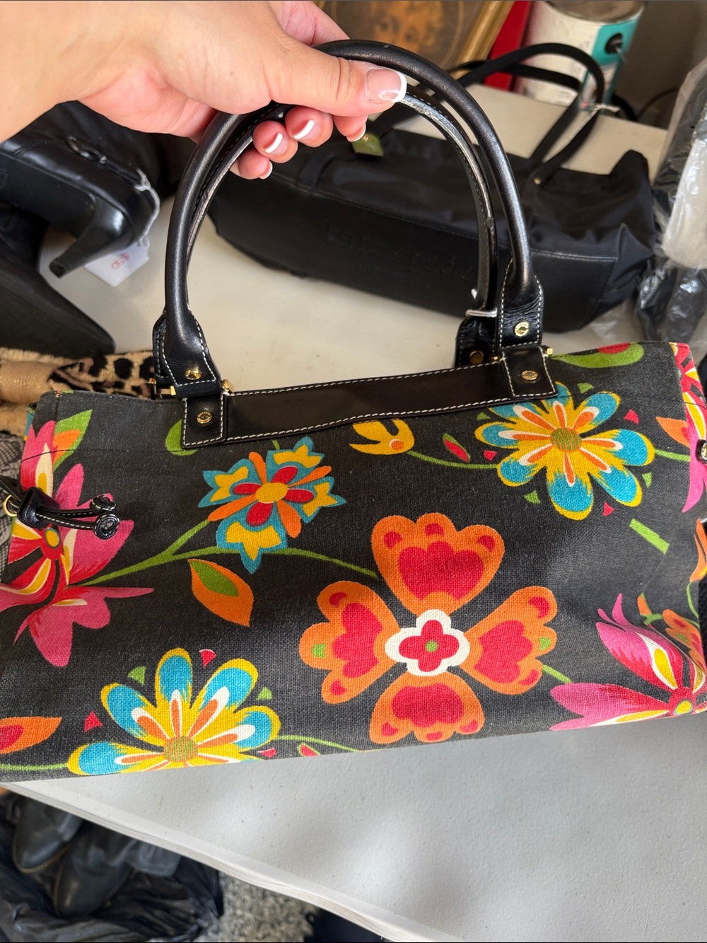 kate spade Black Canvas Floral Tote with Multicolor Flower Print - Picture 5 of 8